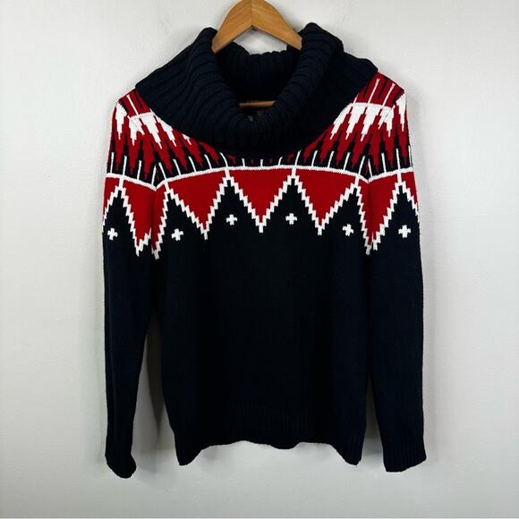 Lauren Ralph Lauren Sweater Womens M Black Fair Isle Mock Neck Cotton Wool - Picture 1 of 8